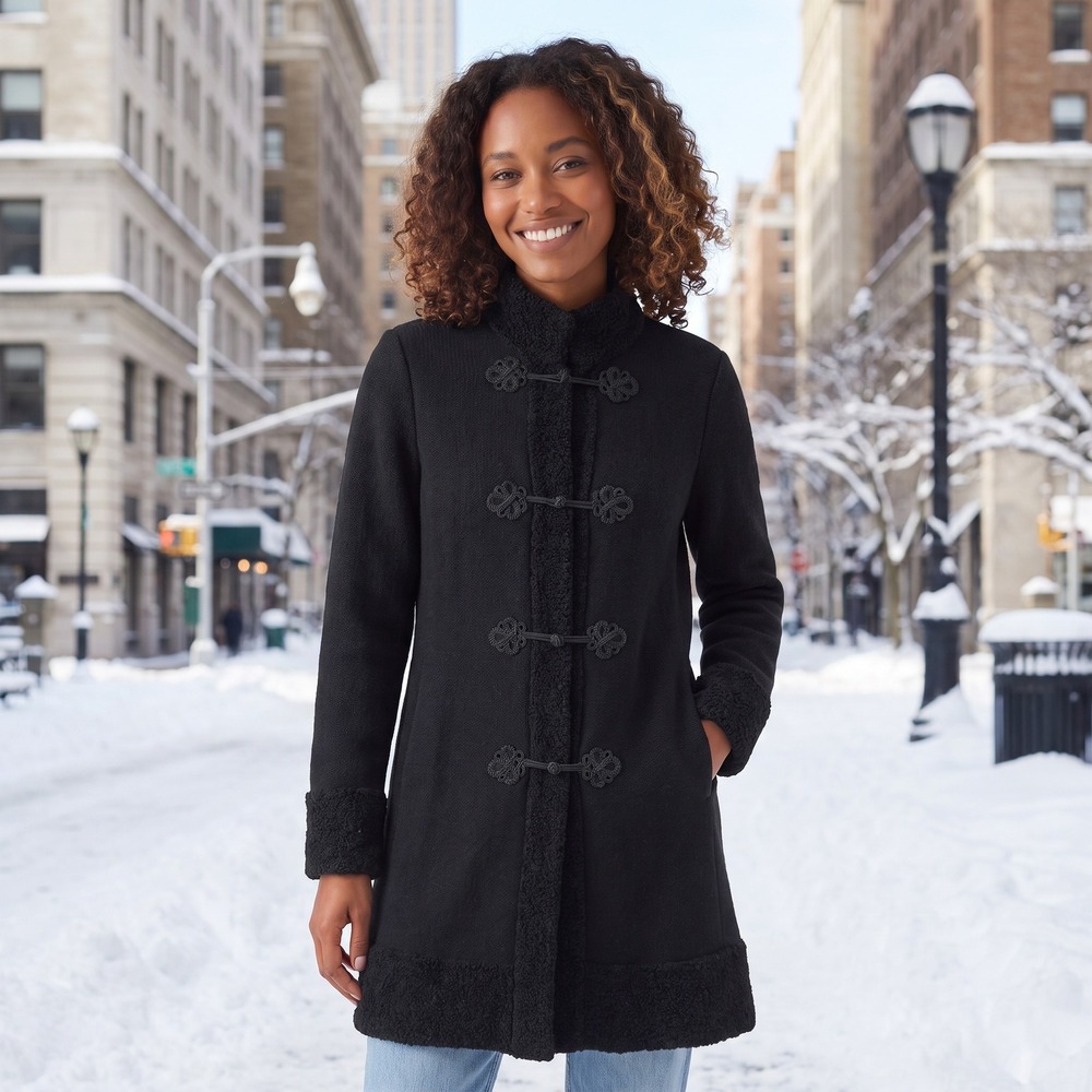 Lauren Ralph Lauren Wool Cardigan Coat Womens M Black Toggle Sherpa Trim Classic